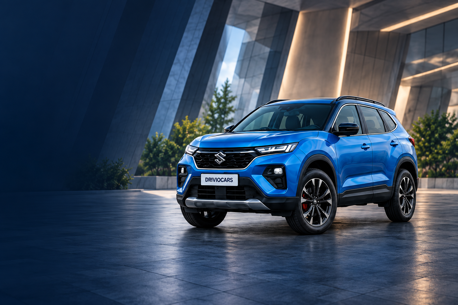 Blue Suzuki SUV in a continuous modern showroom courtyard